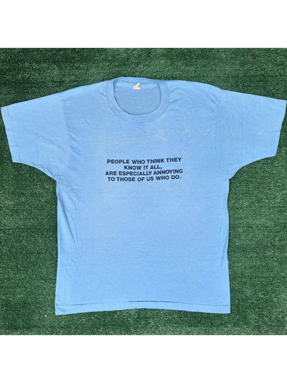 Vintage 80s Know It All Humor T-Shirt Blue L Single Stitch Paper Thin Ironic